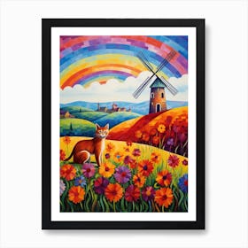 A Ginger Cat With A Floral Medieval Windmill Background Art Print