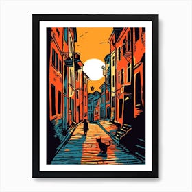 Painting Of Stockholm Sweden With A Cat In The Style Of Line Art 4 Art Print