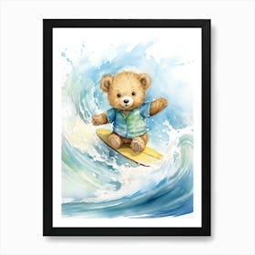 Surfing Teddy Bear Painting Watercolour 3 Art Print