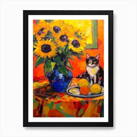Sunflower With A Cat 4 Fauvist Style Painting Art Print