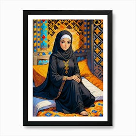 Muslim Girl Sitting On Bed Art Print