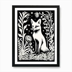 Fox In The Forest Linocut Illustration 3  Art Print