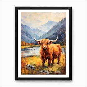 Highland Cow Impressionism Style Painting By The Loch Art Print