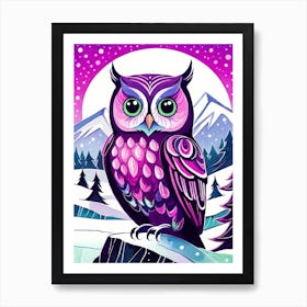 Pink Owl Snowy Landscape Painting (182) Art Print
