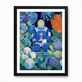 Astronaut Surrounded By Royal Blue Hydrangea Flower 4 Art Print
