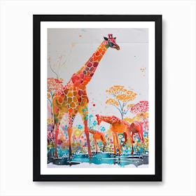 Herd Of Giraffe In The Water Watercolour 3 Art Print