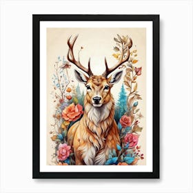 Deer With Flowers Art Print