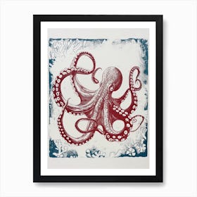 Linocut Inspired Navy Red Octopus With Coral 9 Art Print