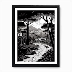 Koya San In Wakayama, Ukiyo E Black And White Line Art Drawing 3 Art Print