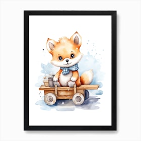 Baby Polar Fox On A Toy Car, Watercolour Nursery 0 Art Print