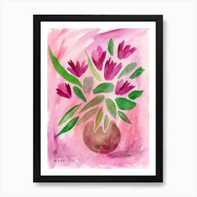 Magenta Flowers - watercolor painting floral art vertical hand painted living room bedroom pink red Art Print