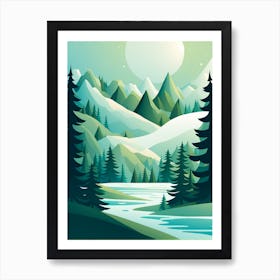 Landscape With Mountains And Trees, vector art Art Print