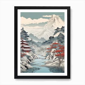 Kamikochi In Nagano In Nagano, Ukiyo E Black And White Line Art Drawing 4 Art Print