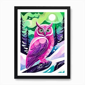 Pink Owl Snowy Landscape Painting (97) Art Print
