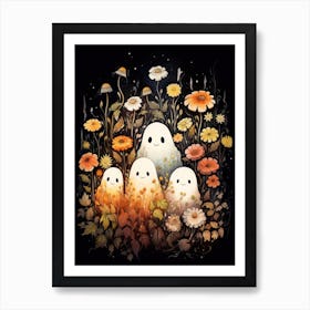 Cute Bedsheet Ghost, Botanical Halloween Watercolour 60 Art Print