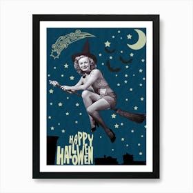 Happy Halloween Poster With Pinup Witch Riding A Broom On The Moon And Stars Art Print