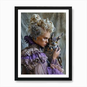 Owl and blonde woman Portrait Art Print