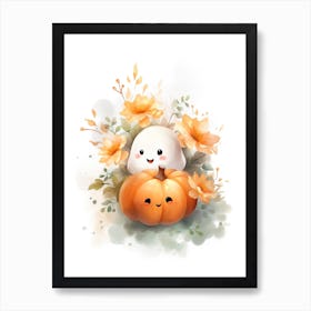 Cute Ghost With Pumpkins Halloween Watercolour 49 Art Print