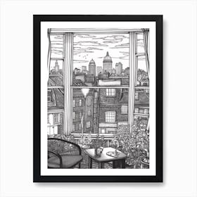 A Window View Of London In The Style Of Black And White  Line Art 1 Art Print