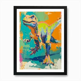 Dinosaur Running Blue Orange Brushstrokes 2 Art Print