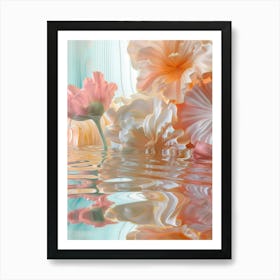 Flowers Are Floating On The Water, In The Style Of Mixes Realistic And Fantastical Elements, Rococo Pastel Colors, Multimedia Installation, Macro Lens, Wavy Lines And Organic Shapes, Photorealistic Details, Ma Poster