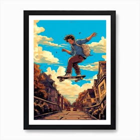 Skateboarding In Paris, France Comic Style 3 Art Print