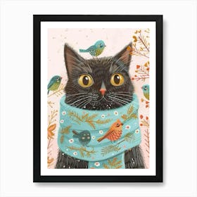 Winter Cat With Birds Art Print