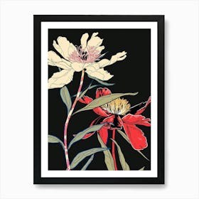 Neon Flowers On Black Peony 4 Art Print