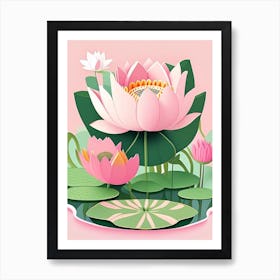 Lotus Flower In Garden Scandi Cartoon 1 Art Print