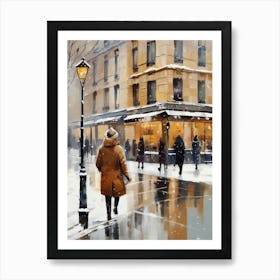 Paris cafes, winter season, Christmas, autumn oil colors, pale colors, pedestrians in the street, winter clothes, falling snow.Christmas decorations.9 Poster