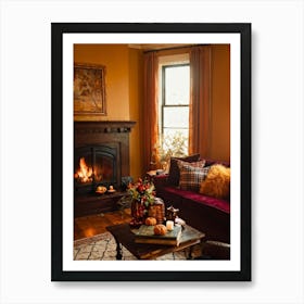 Autumn Themed Cozy Living Room Warm Golden Light Bathing The Room Soft Textures Of Plush Pillows N (7) Art Print