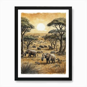 Elephants In The Savannah Art Print