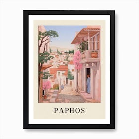 Paphos Cyprus 3 Vintage Pink Travel Illustration Poster Art Print