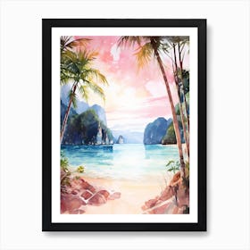 Watercolor Painting Of Maya Bay, Koh Phi Phi Thailand 4 Art Print