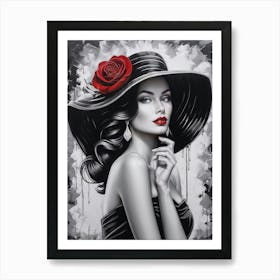 Woman In A Black Hat With Red Rose 2 Art Print