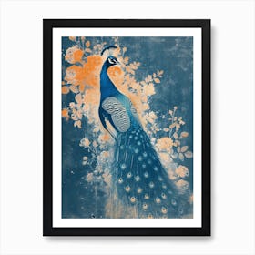 Orange & Navy Blue Floral Cyanotype Inspired Peacock 2 Art Print