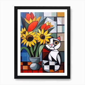 Daisies With A Cat 1 Cubism Picasso Style Art Print