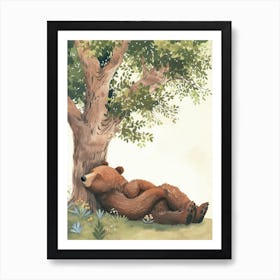 Brown Bear Laying Under A Tree Storybook Illustration 3 Art Print