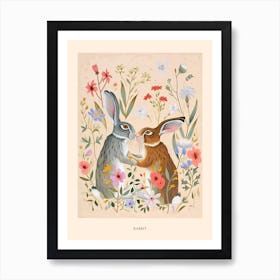 Folksy Floral Animal Drawing Rabbit 2 Poster Art Print