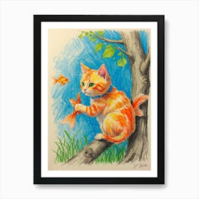 Orange Cat With Fish Art Print