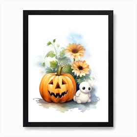 Cute Ghost With Pumpkins Halloween Watercolour 130 Art Print
