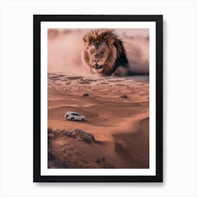 Giant Lion And 4x4 In The Desert Art Print