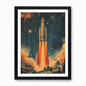 Space Odyssey: Retro Poster featuring Asteroids, Rockets, and Astronauts: Space Rocket Launch Art Print