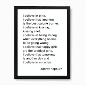 I Believe In Pink Audrey Hepburn Quote Statement In White Art Print