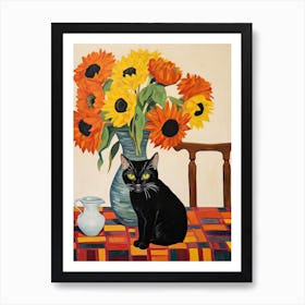 Sunflower Flower Vase And A Cat, A Painting In The Style Of Matisse 0 Art Print