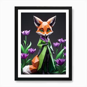 Low Poly Floral Fox Girl, Green (31) Art Print