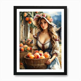 Beautiful And Alluring Blonde In Low Cut Dress Wearing A Large Hat, With A Basket of Peaches 7 Art Print