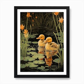 Ducklings In The River Japanese Woodblock Style 2 Art Print