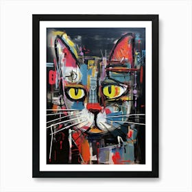 City's Whiskered Whimsy: Black Cat Neo-expressionism Art Print