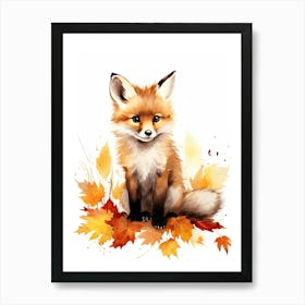 A Fox  Watercolour In Autumn Colours 1 Art Print